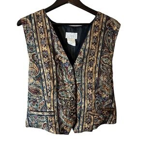 Vintage Tapestry Vest Womens Paisley Tan Brown Green Red Allover Retro 90s Sz 18